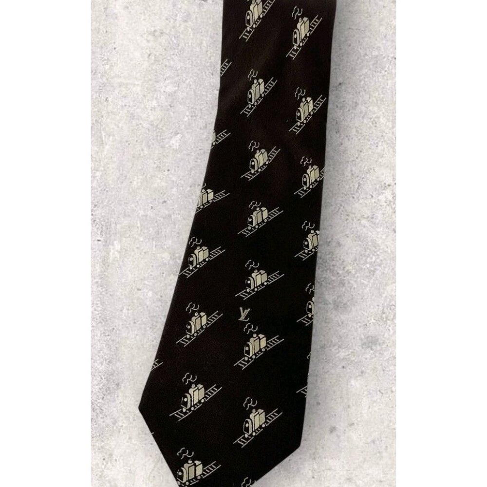 LOUIS VUITTON VINTAGE RARE Silk Tie ITALY Brown Beige Train Logo LV W:3.5" EUC - Picture 5 of 5